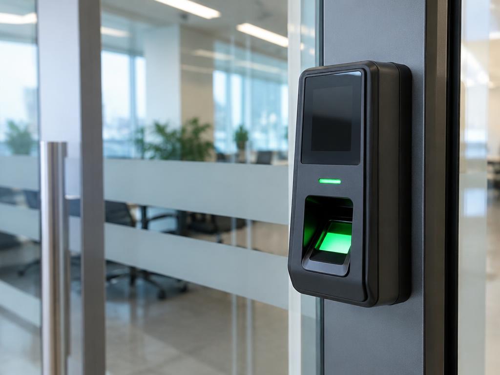 Leitor biométrico de controle de acesso em porta de escritório