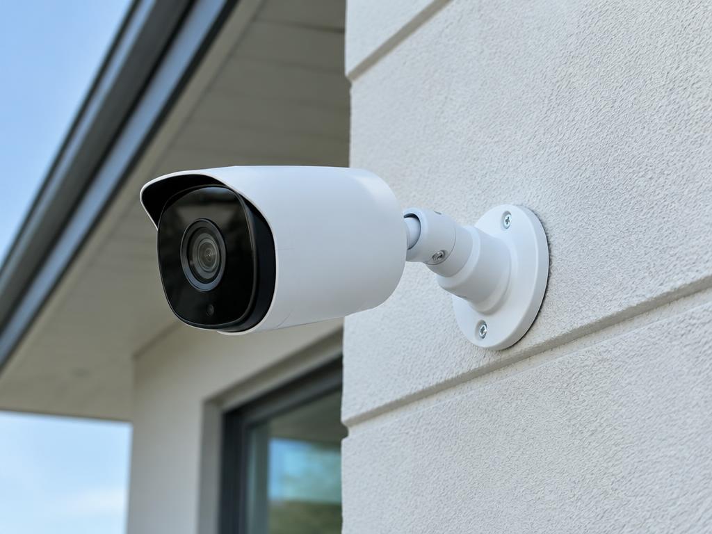 Câmera de segurança instalada na parede externa de uma casa