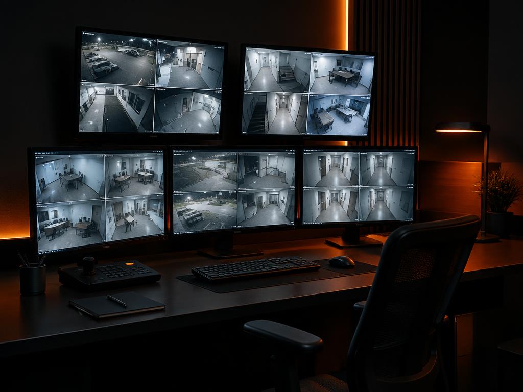 Central com monitores exibindo imagens de câmeras